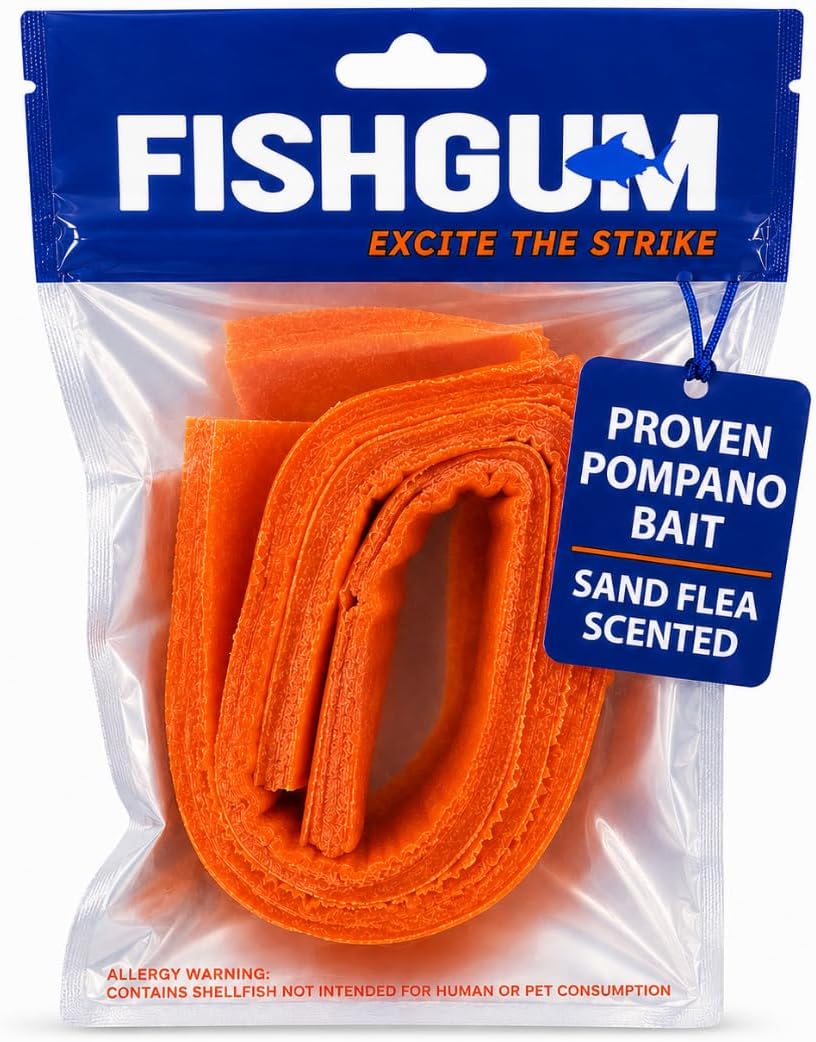 FishGum Surf Fishing Bait Strips for Saltwater Beach Fishing – Real Shrimp, Crab, Clam & Sand Flea Infused Scent – Artificial Cut Bait for Pompano, Redfish & Flounder