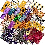 60 Pcs 10 x 10 Inch Halloween Fabric Polyester Fabric Bundle Fat Quarters Bat Pumpkin Ghost Skull Print Fabric Squares Holiday Quilting Fabric for DIY Decorations Sewing Craft, 30 Styles (Ghost)