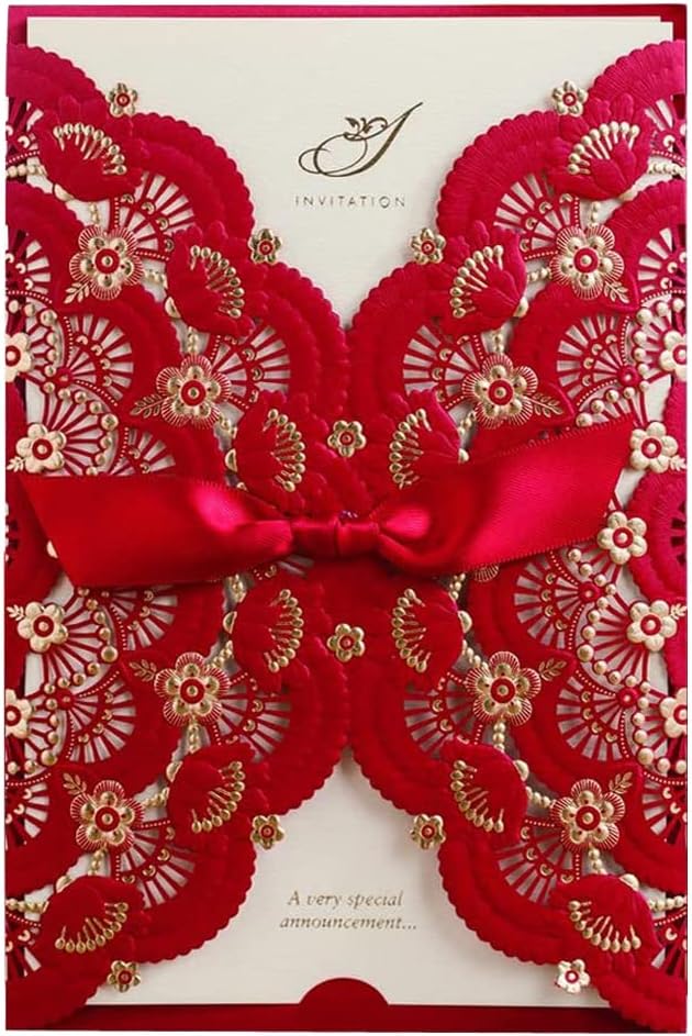 20x Red Laser Cut Wedding Invitations Cards with Foil Gold Floral & Bowknot Cardstock for Engagement Wedding Birthday Fancy Party Invites Favors