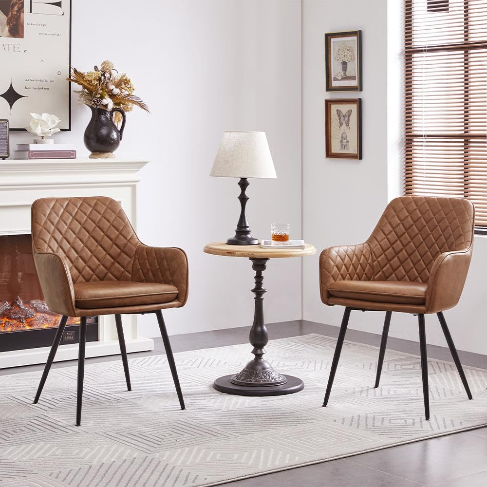 Yaheetech Esszimmerstühle 2er Set Küchenstühle, Polsterstühle mit Armlehnen Metallbeine, Seesel aus Kunstleder für Arbeitszimmer/Wohnzimmer, Braun