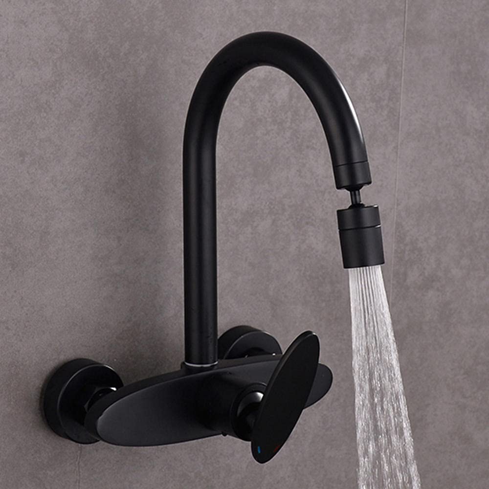 ZYCHSJXA Black Wall Mounted Kitchen Faucet Brass Double Hole Hot and Cold Water 2 Modes Rotation Sink Faucets