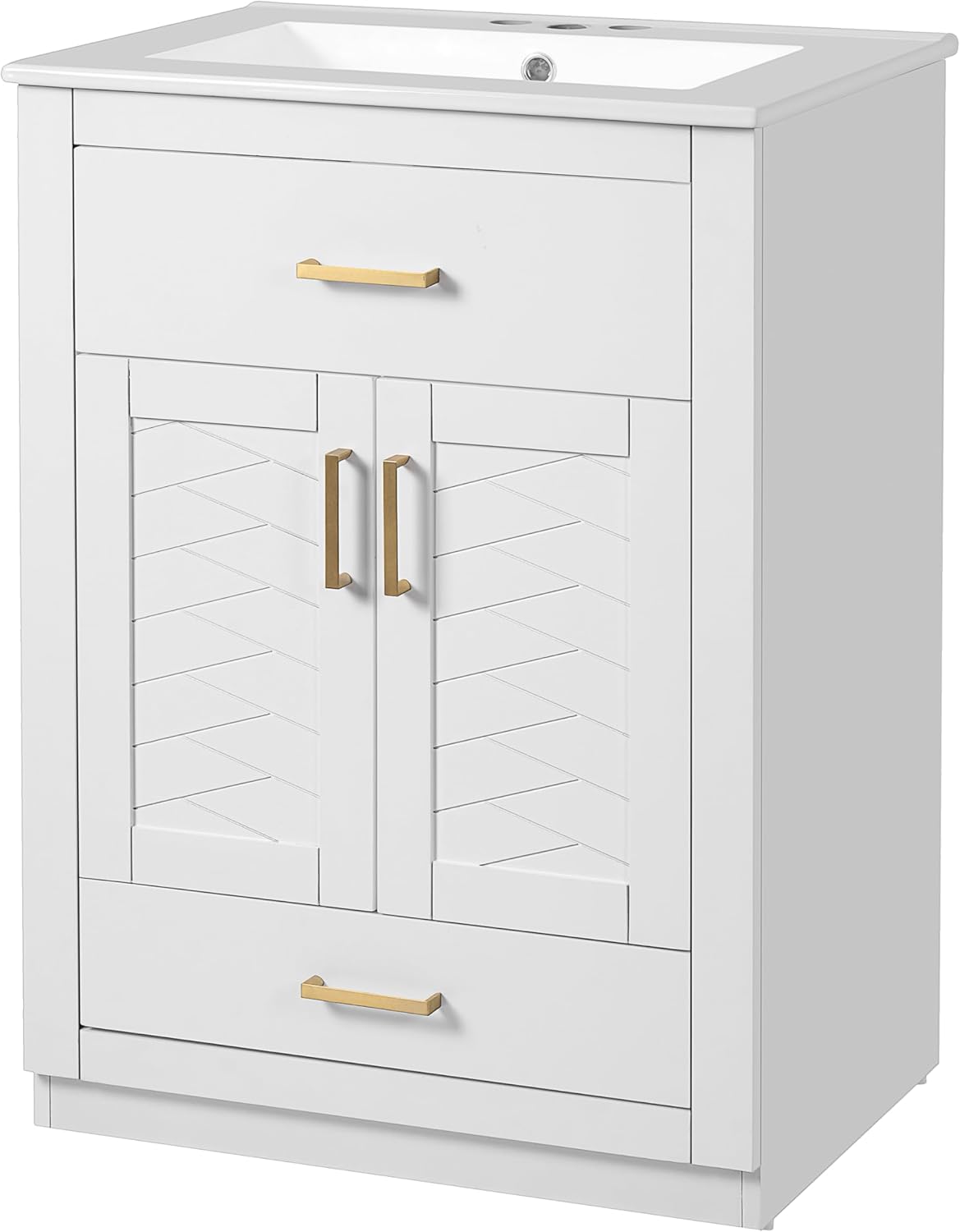 Merax Herringbone Single Sink Bathroom Vanity, Freestanding 24" Modern Bathroom Vanity Storage Cabinet with 2 Drawers and 2 Doors, Solid Wood Frame