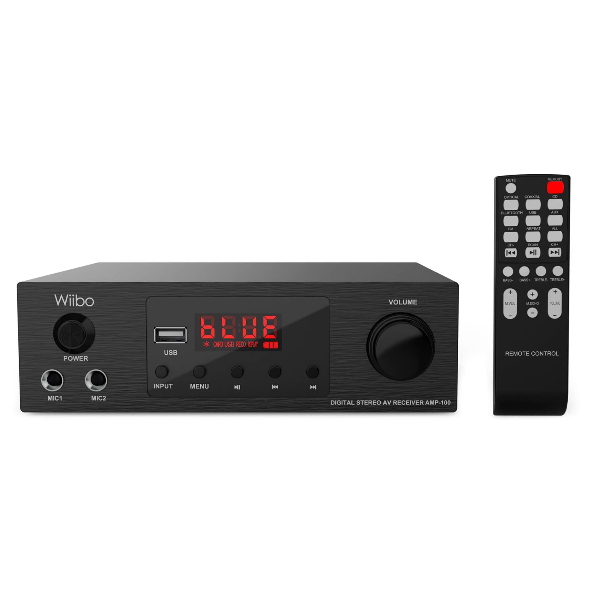 Wiibo AMP-100 - Amplificatore Audio HiFi - Connessione Bluetooth - Risposta Lineare con Potenza 50W + 50W - Ingressi Microfono e USB - Amplificatore HiFi con Lettore MP3 e Radio FM