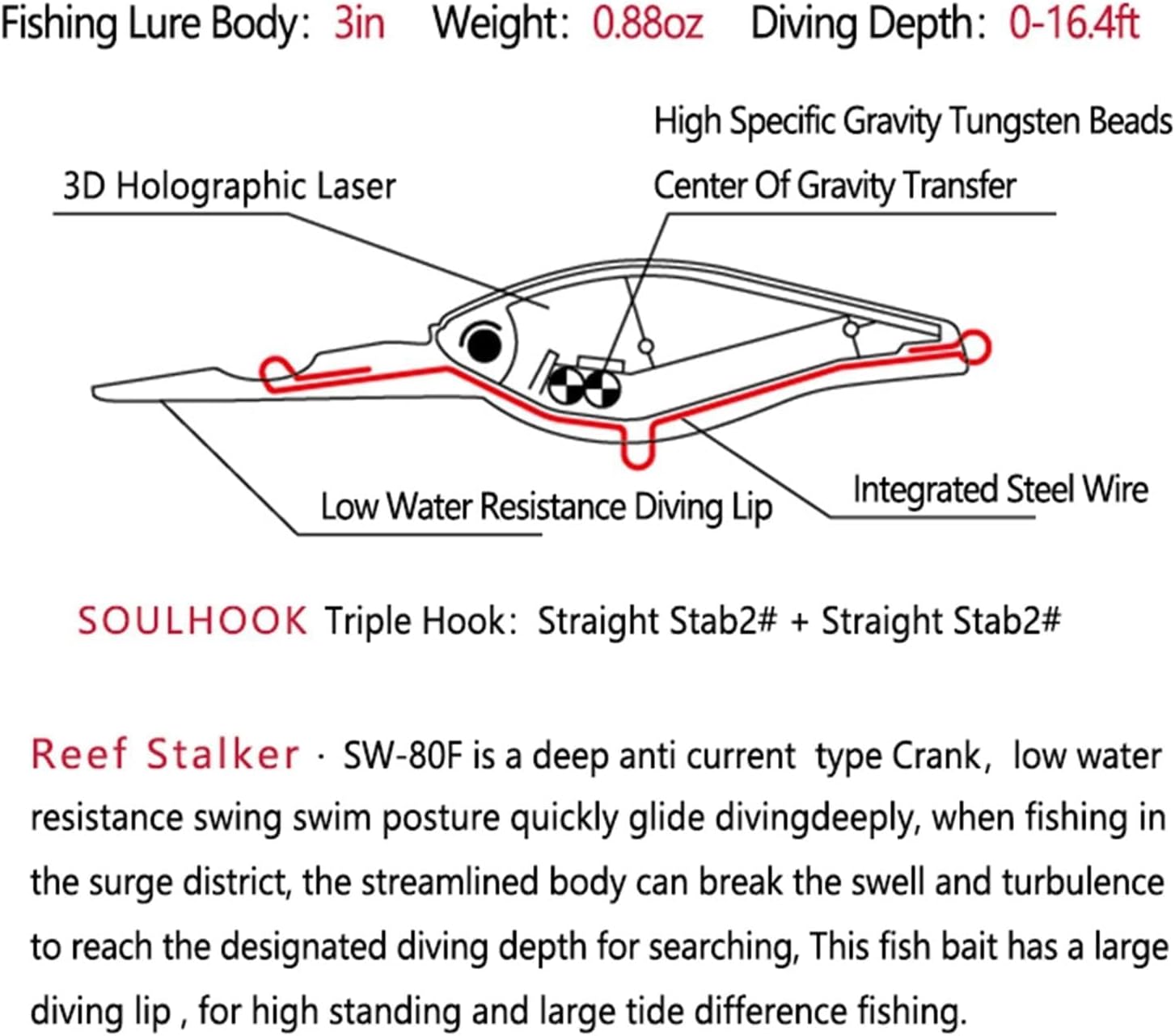 2PCS Fishing Lures Topwater Swim Bait Deep Diving Crankbait for Bass Fishing Freshwater and Saltwater Fishing Gear, 3 Inch, 0.88 Oz, SW-80F