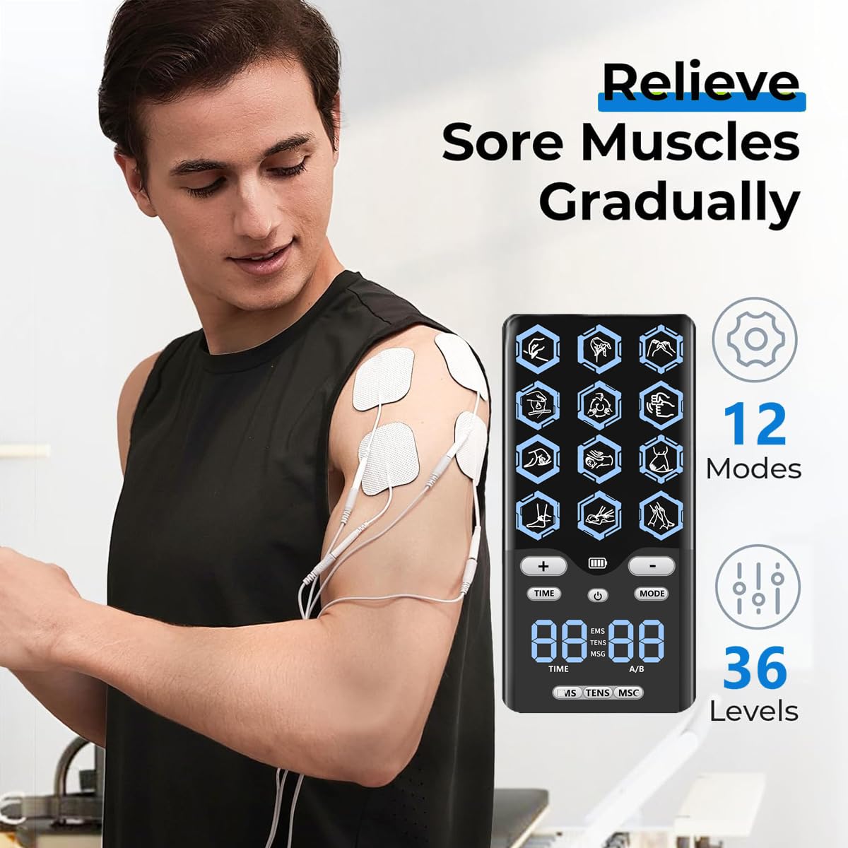Electroestimulador Muscular, 3 en 1 TENS EMS Masaje Tens Electroestimulador con 12 Modos 36 Intensidades 12 Electrodos, Doble Canal Independiente, USB Recargable, Tens Machine for Pain Relief