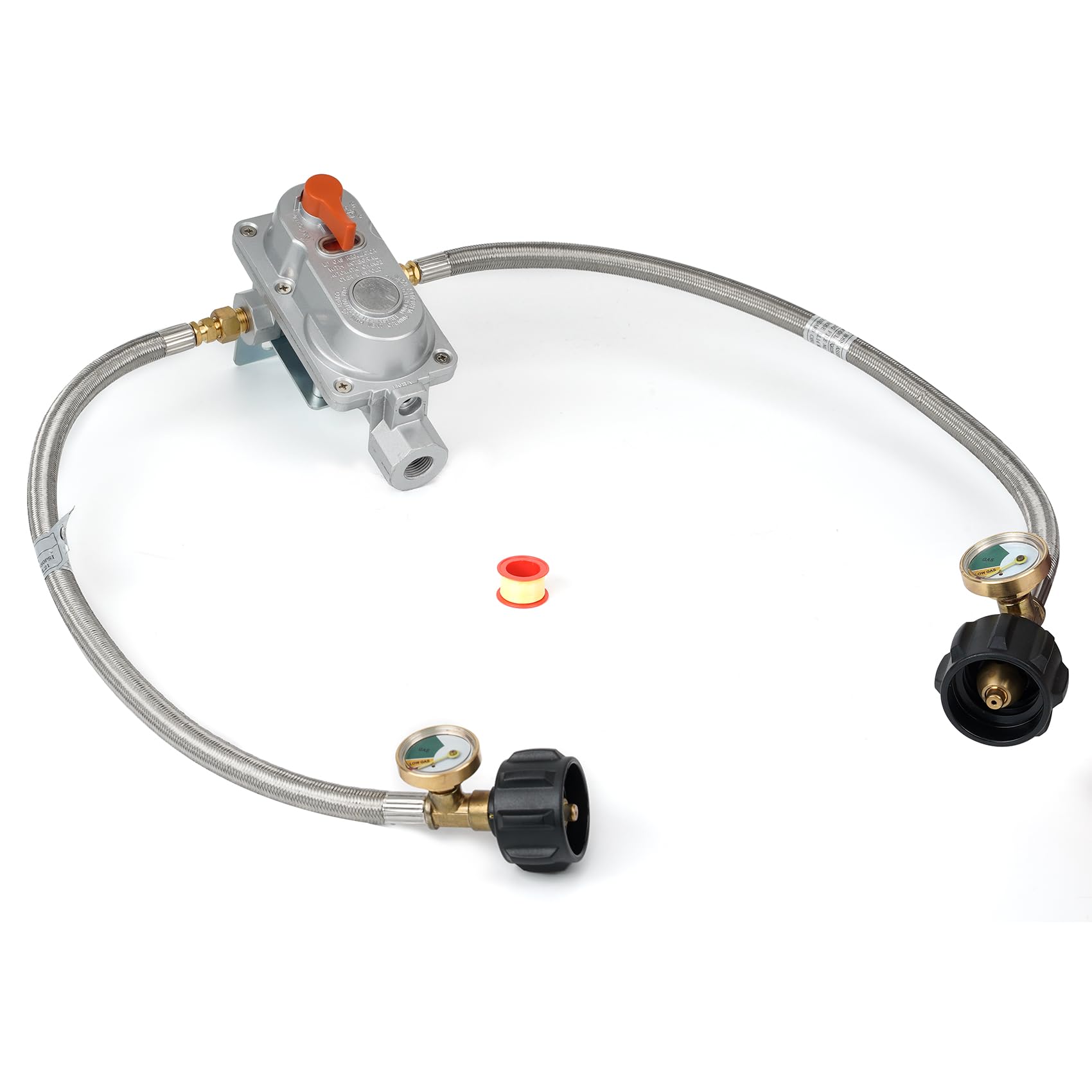 Skyflame 2-Stage Automatic Changeover LP Regulator with Two 18" Pigtail Propane Hoses and Gauges, Camper Propane Regulator Dual Kit for for RVs Vans