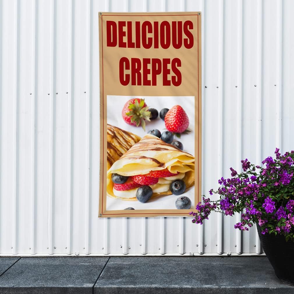 Vertical Vinyl Banner Multiple Sizes Delicious Crepes Food and Drink Food and Beverage Outdoor Weatherproof Industrial Yard Signs 4 Grommets 36x24Inches