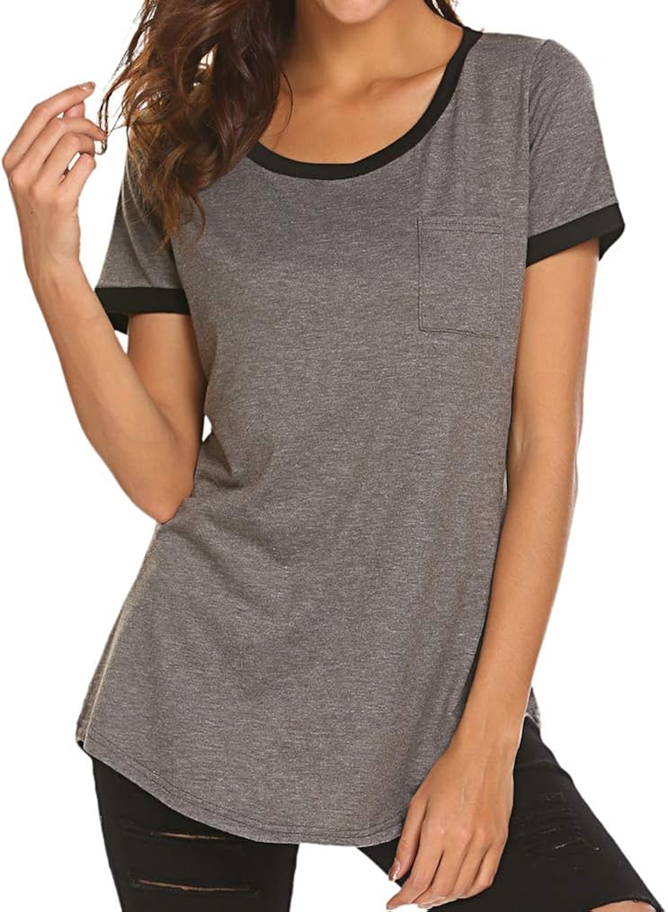 Qearal 2021 Women's Summer Basic Tee Short Sleeve Tops Casual Loose T-Shirts with Pocket