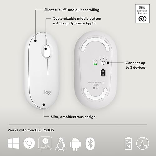 Miniatura 6 de Logitech Pebble Mouse 2 M350s Slim Bluetooth Ratón inalámbrico, portátil, ligero, botón personalizable, clics silenciosos, fácil de cambiar para
