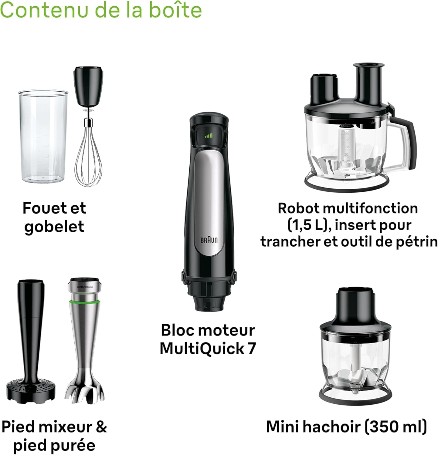Braun MultiQuick 7 - Mixeur Plongeant, SplashControl, Système ActiveBlade pour Aliments Durs, Sélection de Vitesse Précise, Blender 1,5L, Hachoir, Fouet, Verre Doseur 600mL, 1000W, Noir (MQ7087X)