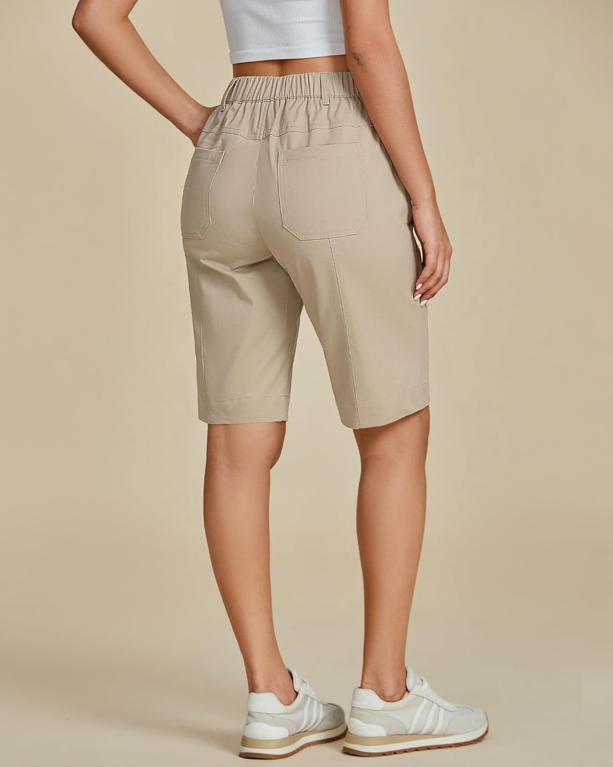 luvamia Bermuda Shorts for Women Knee Length High Waisted Cotton Elastic Waist Summer Dressy Casual Long Chino Shorts - Image 4