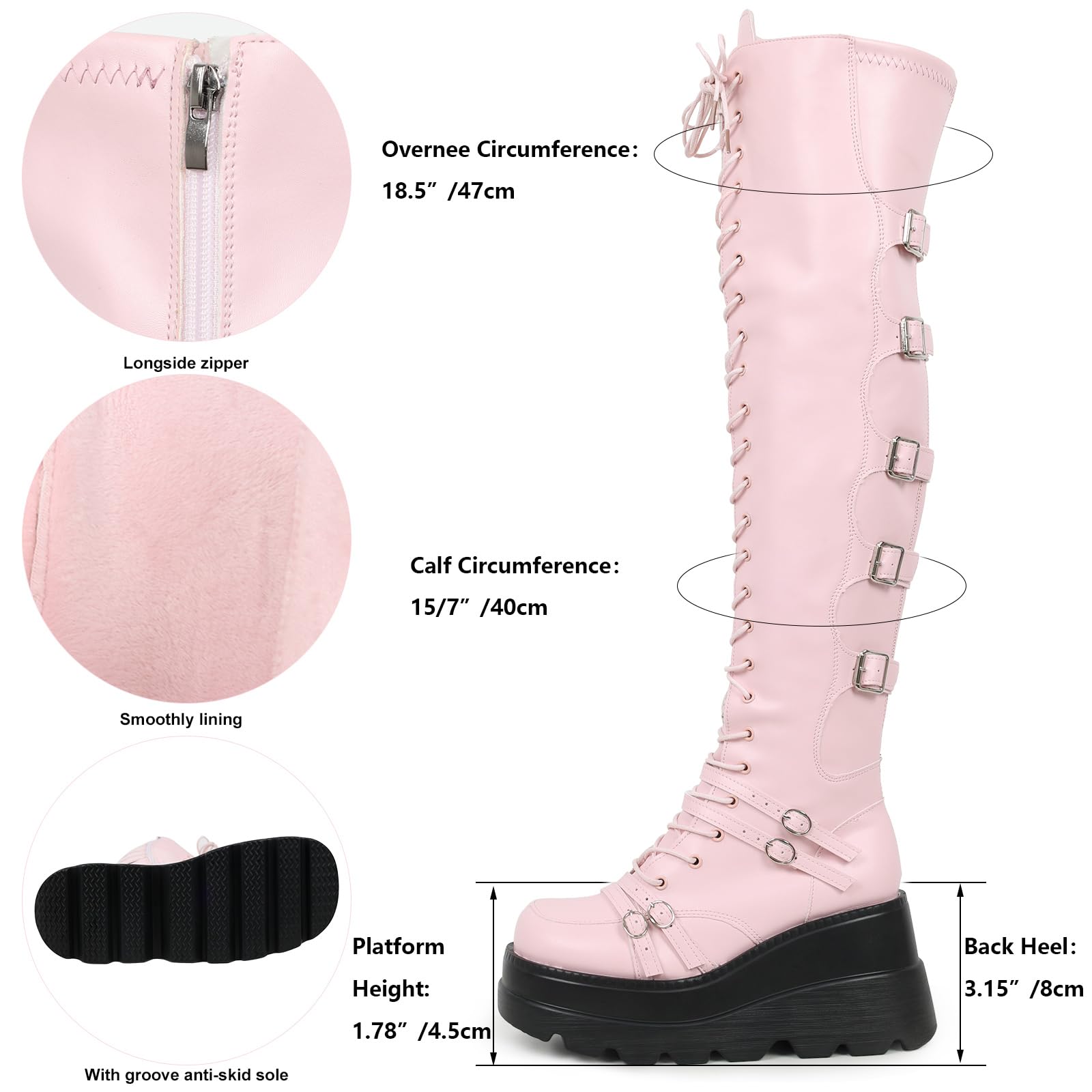 Gothniero Black Platform Boots Over Knee Thigh High Goth Boots for Women Chunky Heel Rave Motorcycle Boots with Buckles Side Zip Lace Boots Size5.5-10: 7 Light Pink