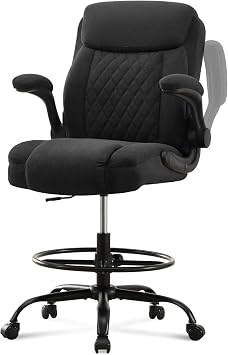 Drafting Chair Tall Office Chair for Standing Desk, Ergonomic Tall Desk Chair with Adjustable Foot Ring, Flip-Up Armrests, Lumbar Support, Comfortable Fabric Seat Ideal for Home and Office Use