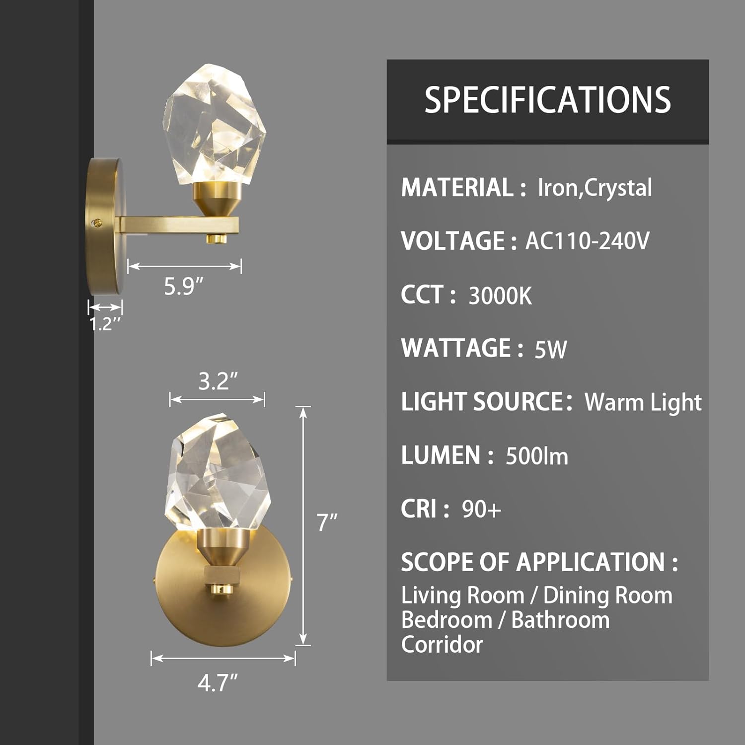 Set of 2 Gold Wall Sconces Modern Crystal Vanity Lighting for Bathroom Bedroom Living Room Entryway Wall Light Hallway Dining Room Lights Wall Mount Lighting Fixture Warm Light