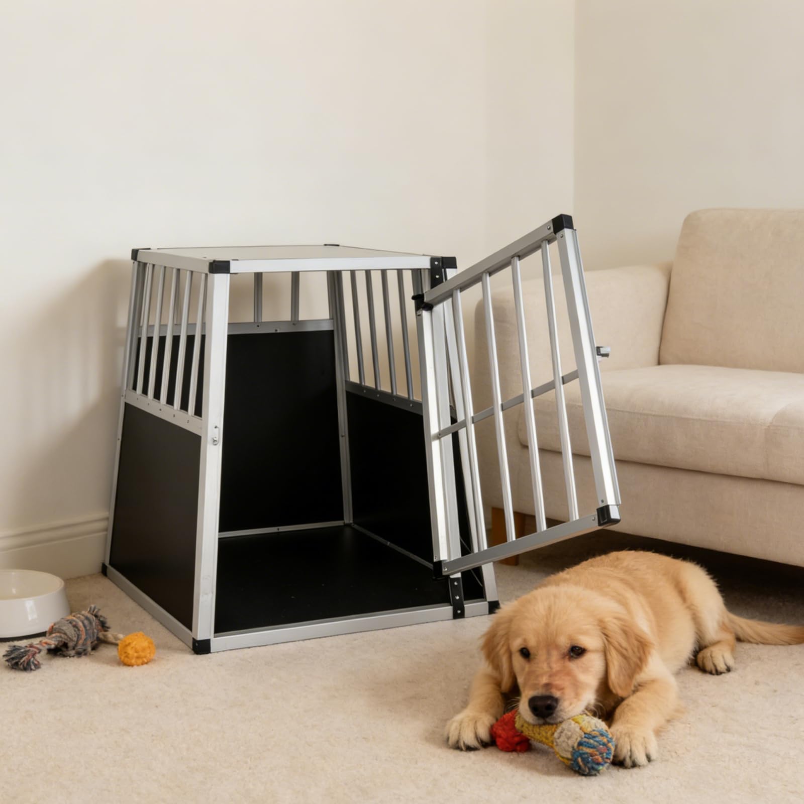 GYMAX Transportín de Aluminio para Perros Gatos, Transporte para Coche Mascotas con Cerradura, Estructura de Metal, Caja de Transporte Robusto y Fácil (91 x 65 x 69,5 cm)