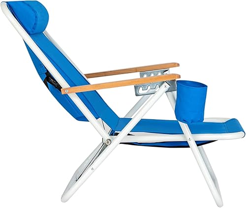 Miniatura 6 de lapday Silla de playa plegable, mochila ajustable de 4 posiciones, silla de camping plegable con reposacabezas y soporte para tazas, soporta hasta