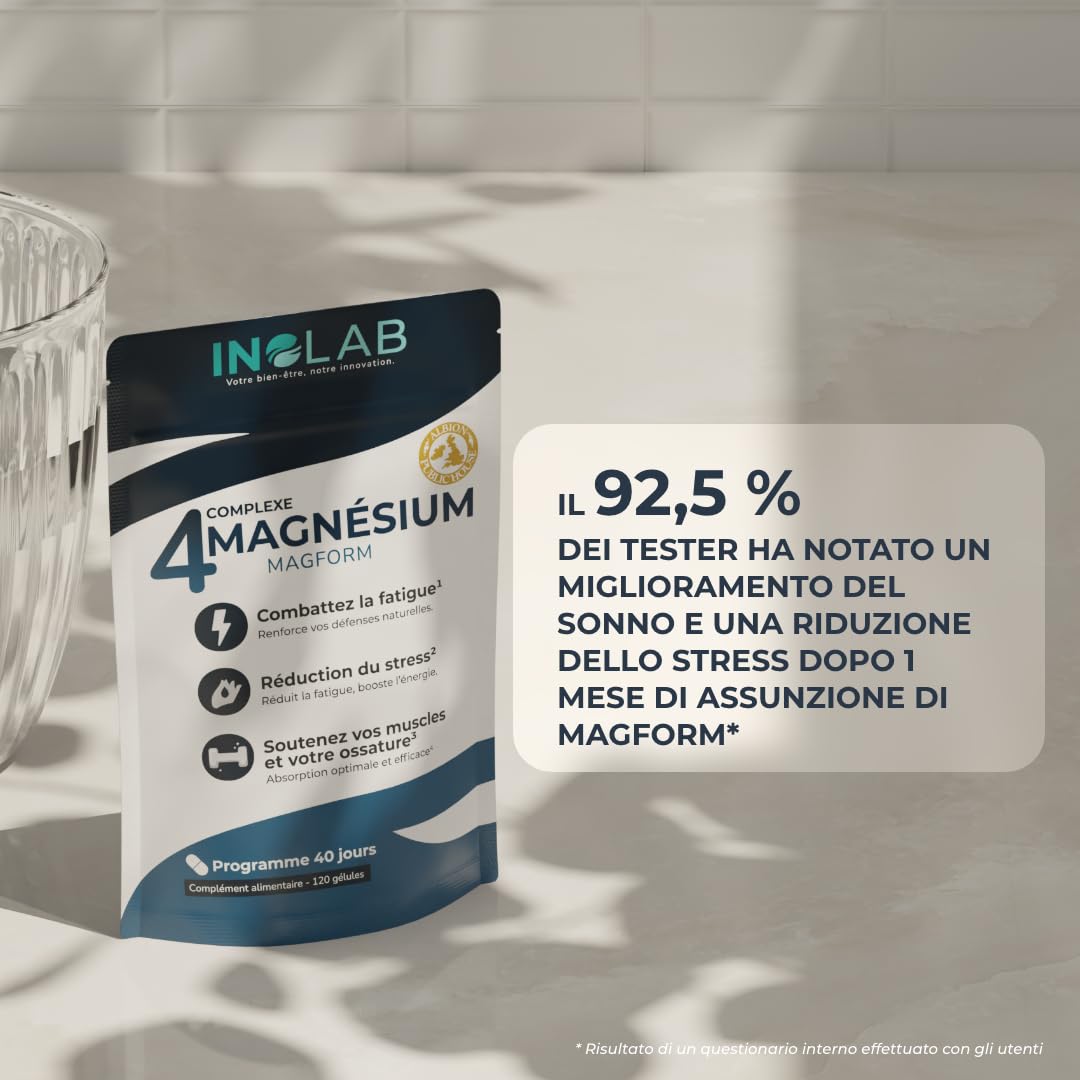 INOLAB Magnesio Completo 1980mg + B6 | 4 Forme Sinergiche: Magnesio Bisglicinato, Malato, Vegetale, Taurina Chelata | Alta Assimilazione e Tolleranza | 120 Capsule Senza Magnesio Marino