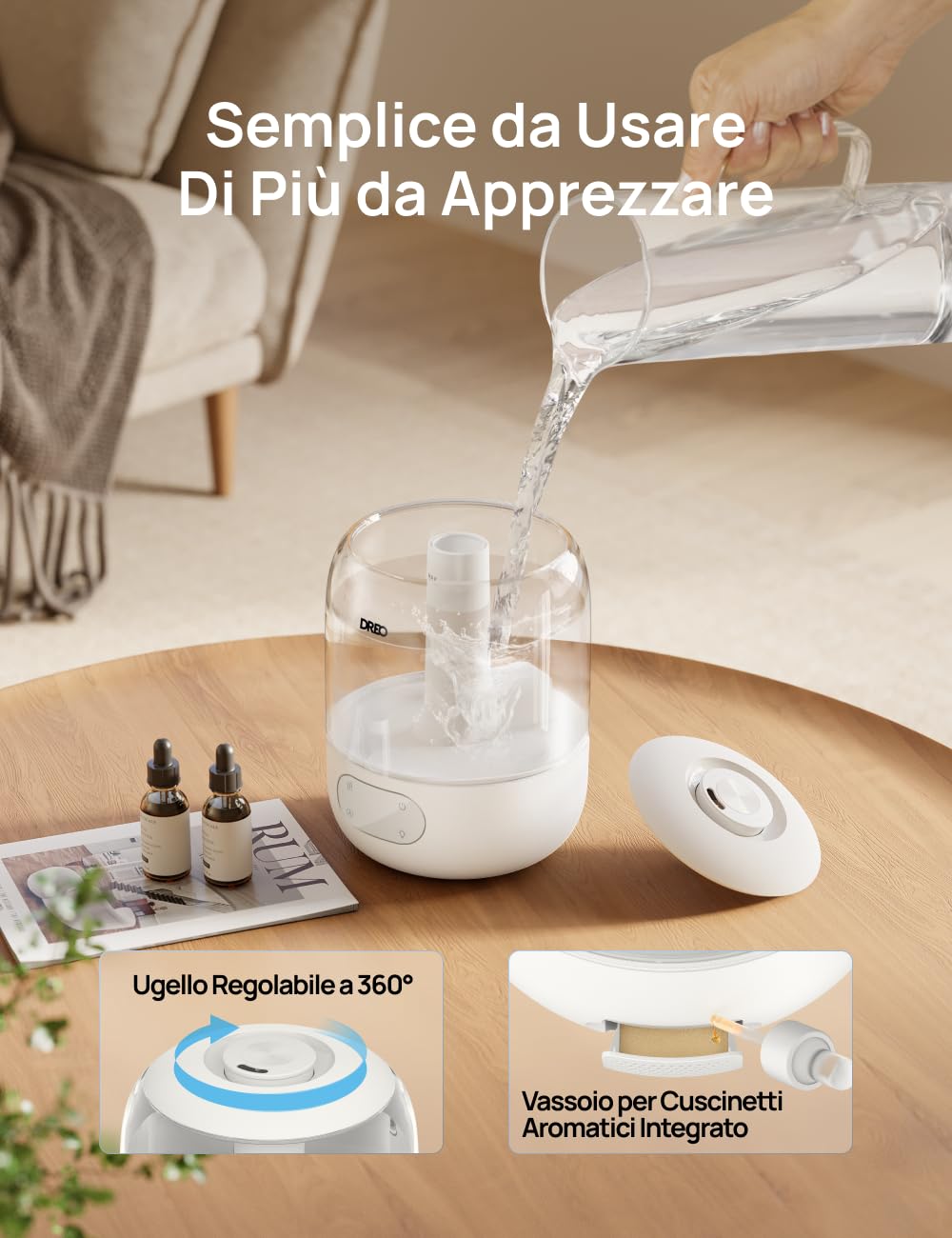 DREO 3L Umidificatore Ambiente Bambini Silenzioso 26dB, Ultrasuoni Nebbia Fresca, Ugello 360°, 30h Autonomia, Diffusore Oli Essenziali, Luce Ambientale, per Casa e Piante, Bianco