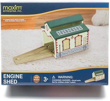 maxim enterprise, inc. Wooden Train Engine Shed, Multicolor Railway Shed Houses 2 Toy Engines, Wood Train Accessories with 2-Way Switching Track, Compatible with Thomas & Friends and Major Brands
