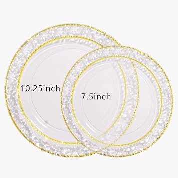 Nervure 622PCS Clear and Gold Plastc Plates-Disposable Clear Gold Plastic Plates & Pre Rolled Napkins with Cutlery for 50 Guests, 102Plates, 300Silverware, 120Cups,100Napkin for Wedding & Party