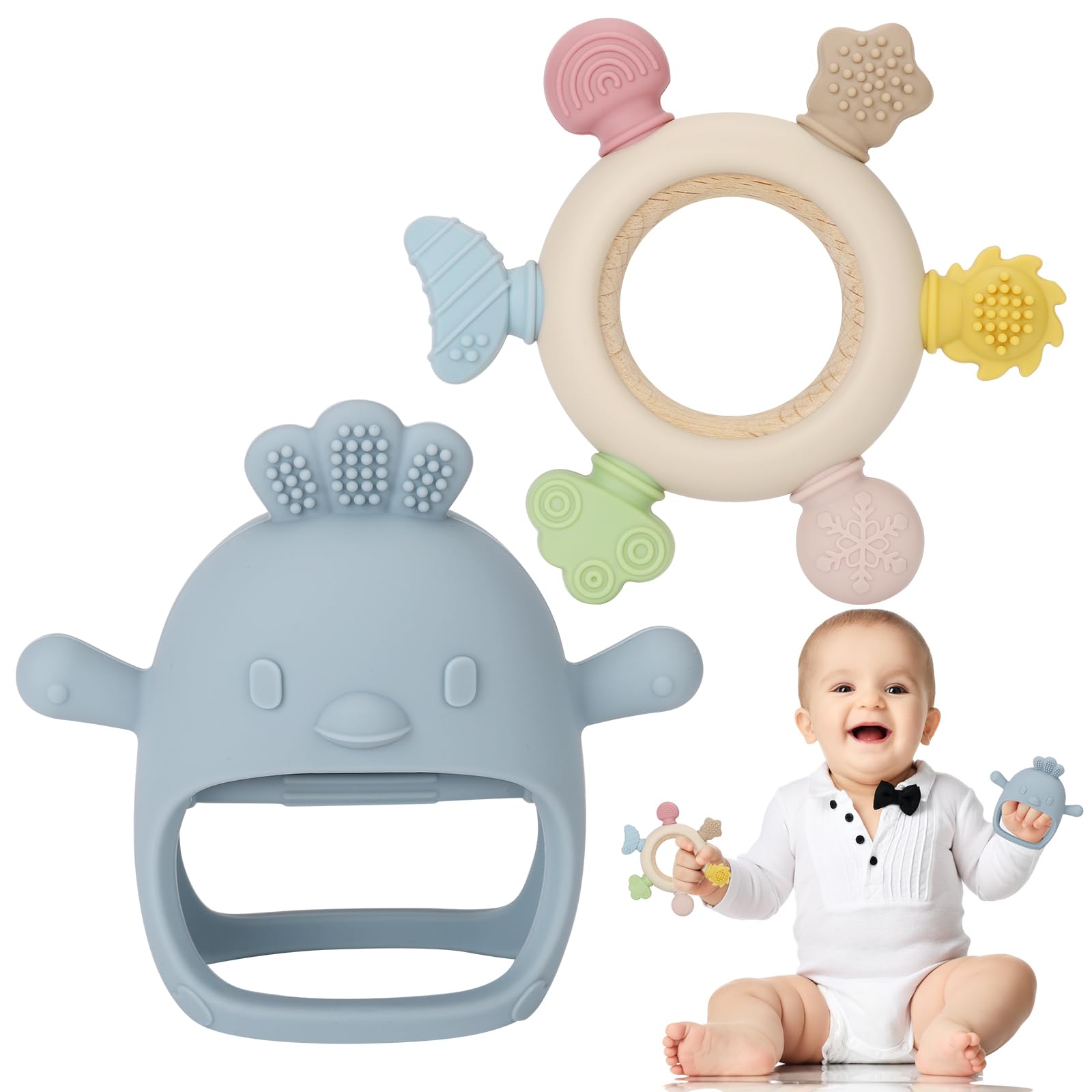 Socub 2 Pack Baby Teething Toys for Babies 0-6 Months, Silicone Teething Mitten and Wooden Ring Toy for Babies 6-12 Months, No Drop Teether Mitten and