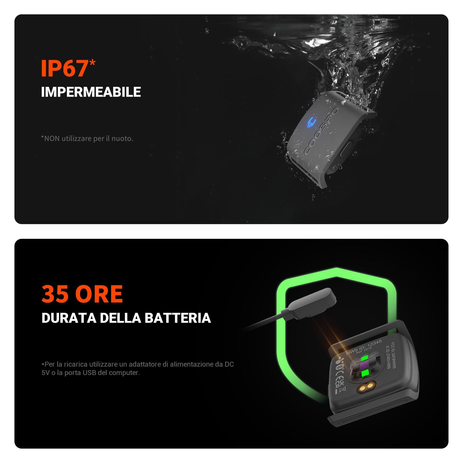 COOSPO HW9 Fascia Cardio da Braccio, Ant+ Bluetooth5.0 Cardiofrequenzimetro Braccio Ottica Impermeabile IP67, Compatibile con Wahoo Fitness Strava Zwift Elite HRV