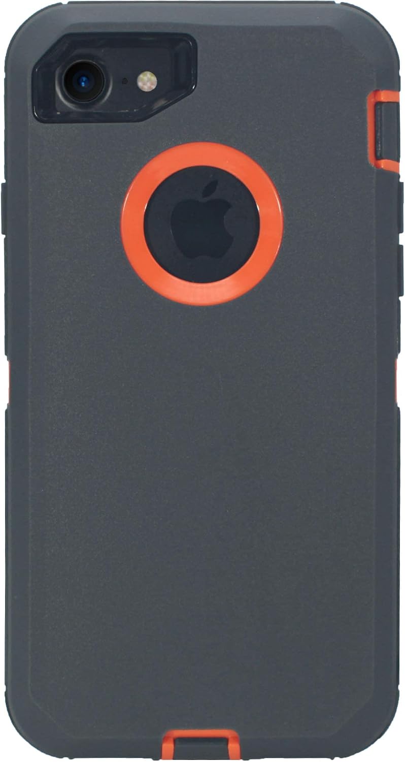 Hand-e Muscle Series Belt Clip Case for Apple iPhone 7 / iPhone 8 / iPhone SE “2020” (4.7”) 2-in-1 Protective Defender w Screen Protector & Holster & Kickstand/Shock & Drop Proof – Grey/Orange