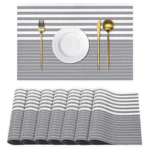 UMORNING Place Mats Set of 8 Heat Insulation Stain Resistant Placemats for Dining Table Durable Cross Weave Woven Vinyl Kitchen Table Mats Placemat Gray Strips