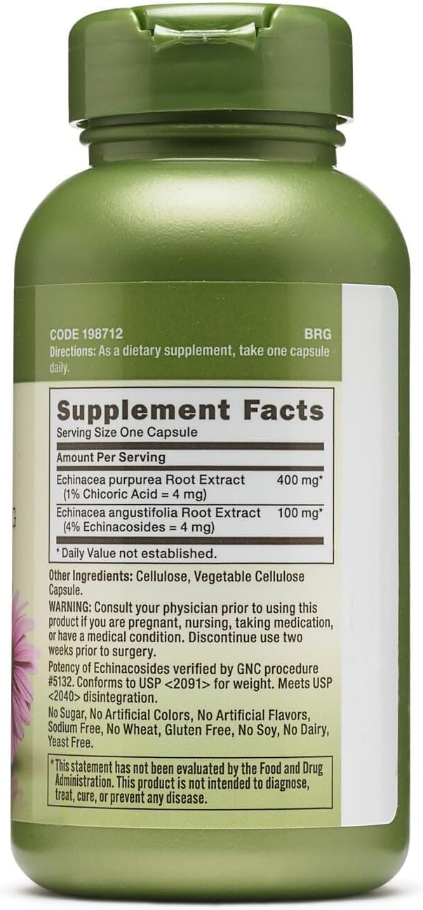 GNC Herbal Plus Echinacea Extract 500mg Supplement, Vegetarian, Supports Natural Resistance, 100 Servings
