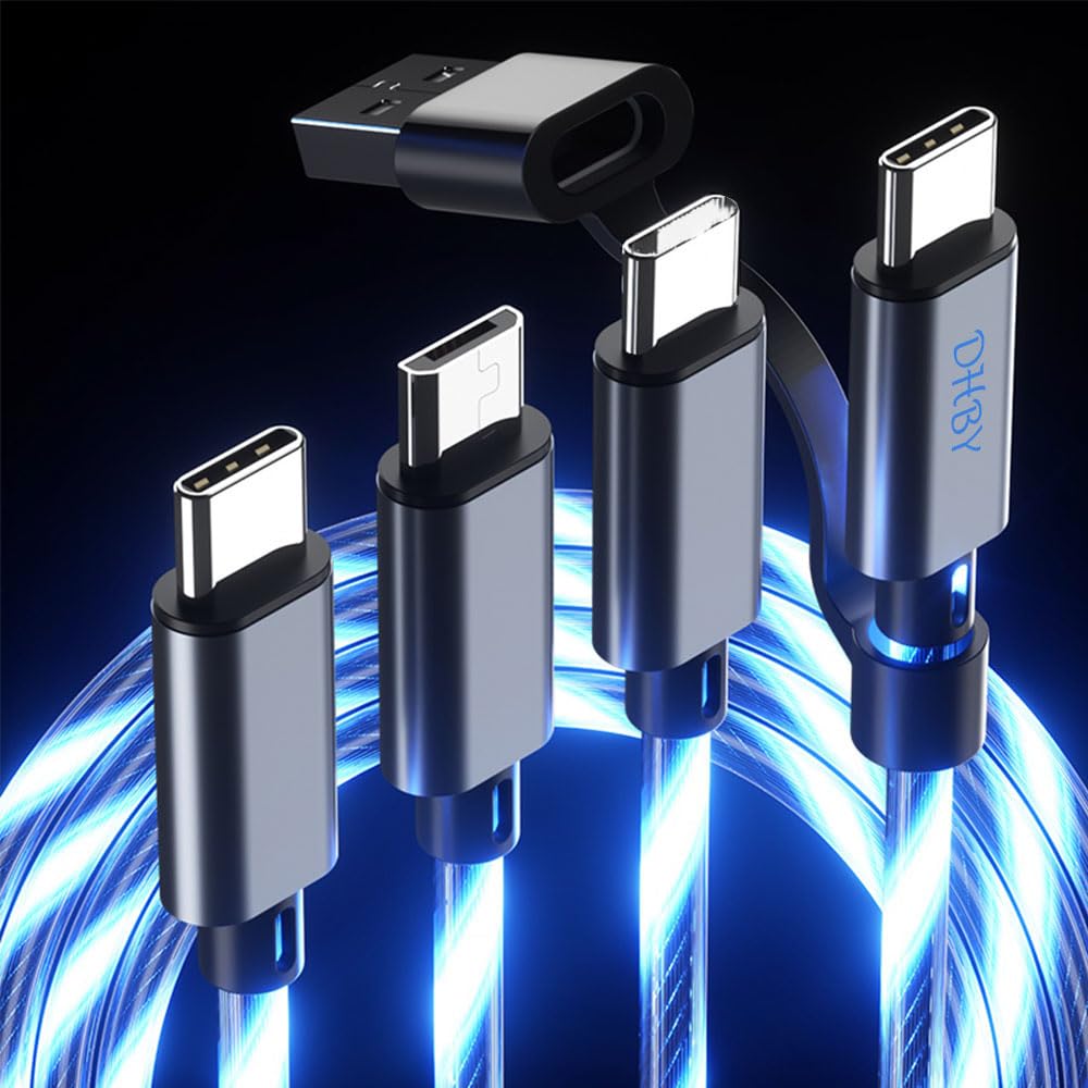 6 Combinations Multi Ports USB Charger Cable USB A/USBC to Micro USB/Type C PD Fast Charging Cord Light Up Blue Current to be a Night Light Compatible with Most of devices-39 inches Blue