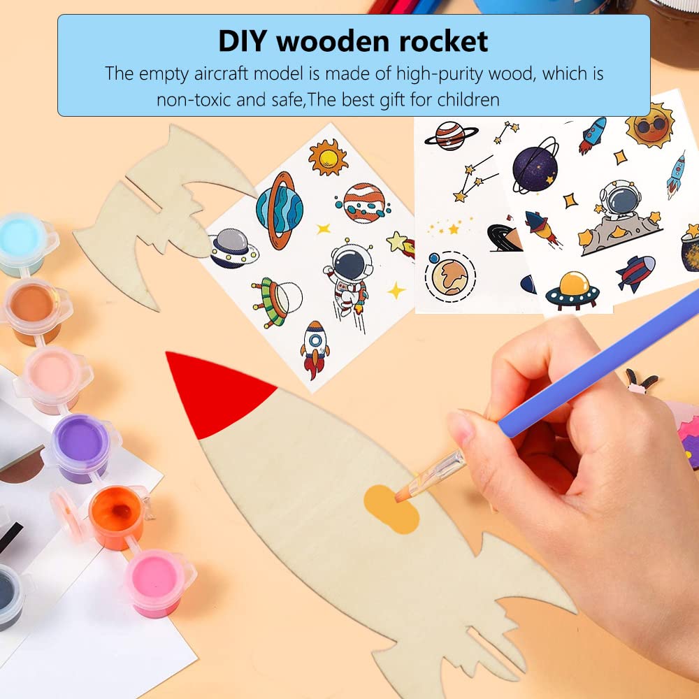 HGRGHH Raketen-Bastelset Aus Holz – 12 Stück Zum Bemalen & Basteln Für Kindergeburtstage, Inkl. Stifte & Aufkleber