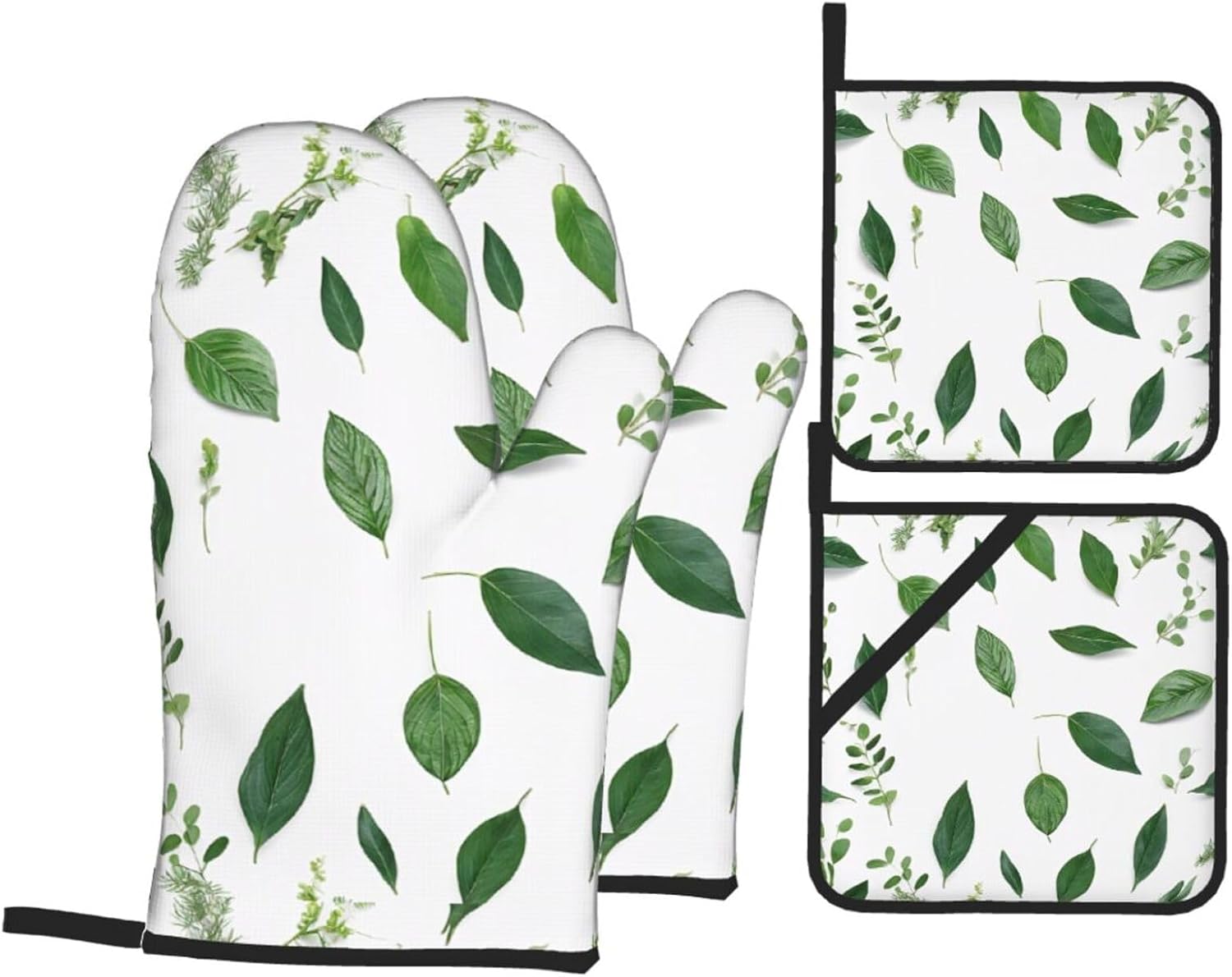 (Eucalyptus Leaves) Baking 4-Piece Set: 2 Oven Mitts and 2 Pot Holders Heat Resistant Waterproof Hanging Loop for Kitchen Oven Grill Housewarming Gifts