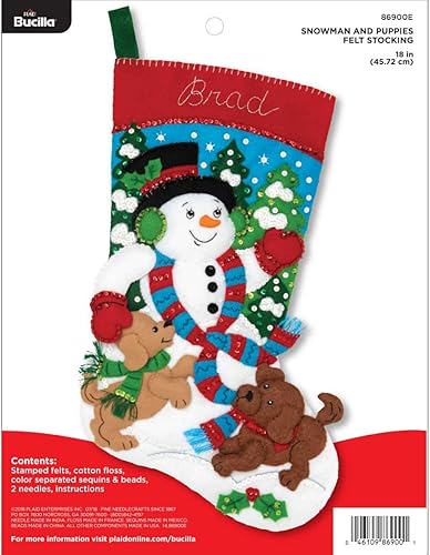 Bucilla Kit de calcetines de Navidad con apliques de fieltro, 18 pulgadas, muñeco de nieve y cachorros
