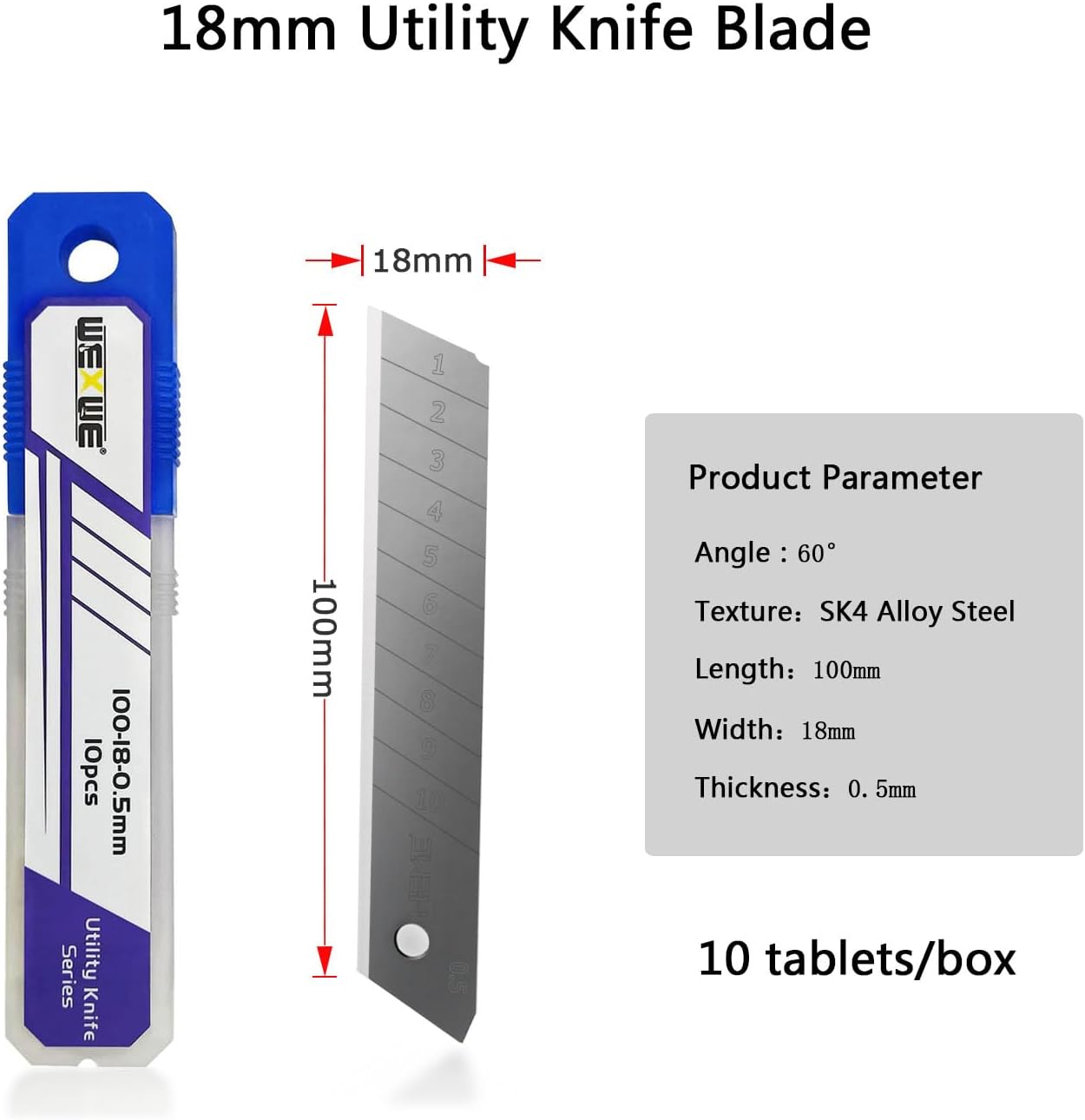 18mm Utility Knife Replacement Blades,60 Degree Snap Off SK4 Steel Blades for Retractable Cutting Knives, Hobby, Craft Knife, Box Cutter 100PCS