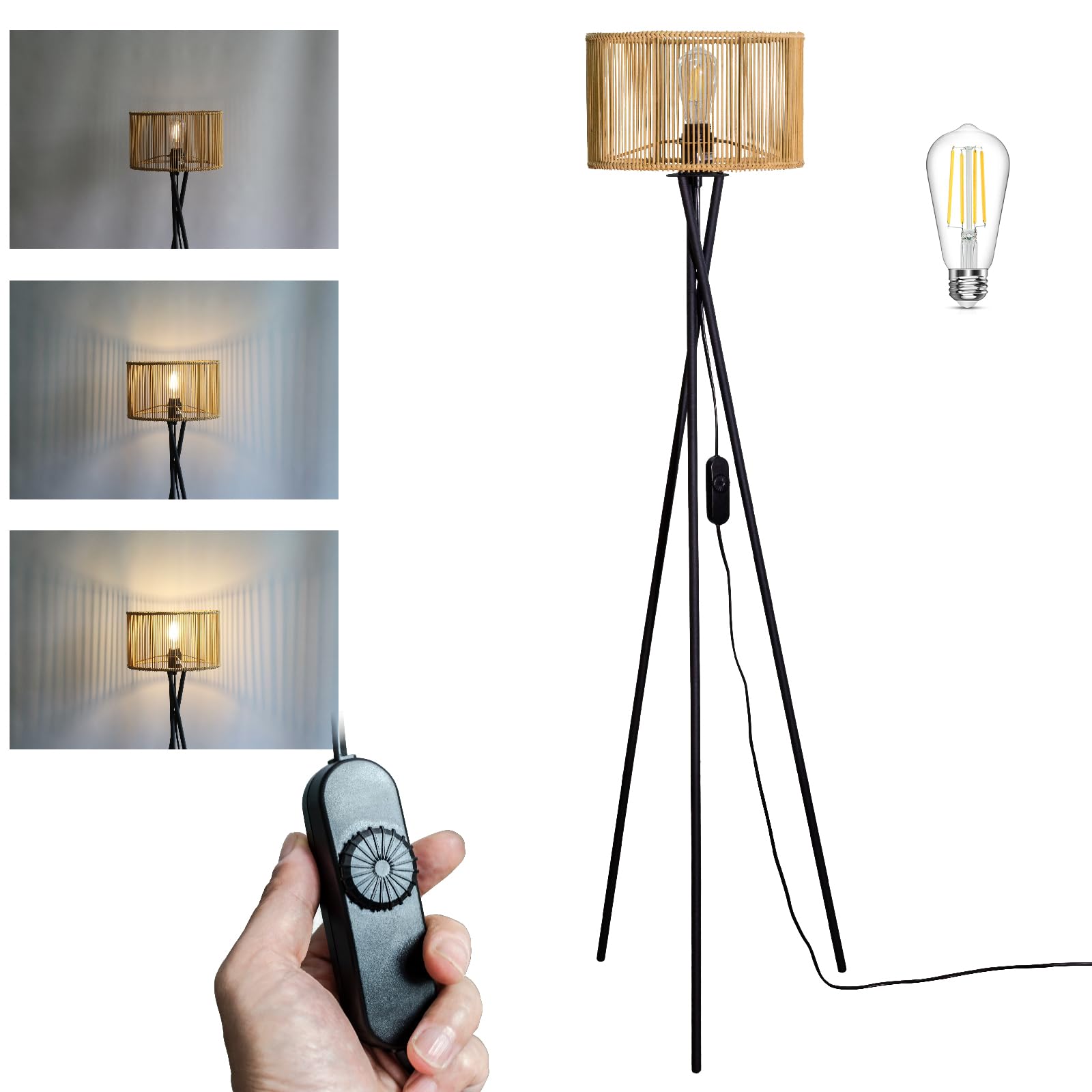 Osasy Lámpara de Pie LED Regulable: Vintage con Trípode de Metal y Pantalla Madera, Estilo Industrial para Salón, Dormitorio u Oficina