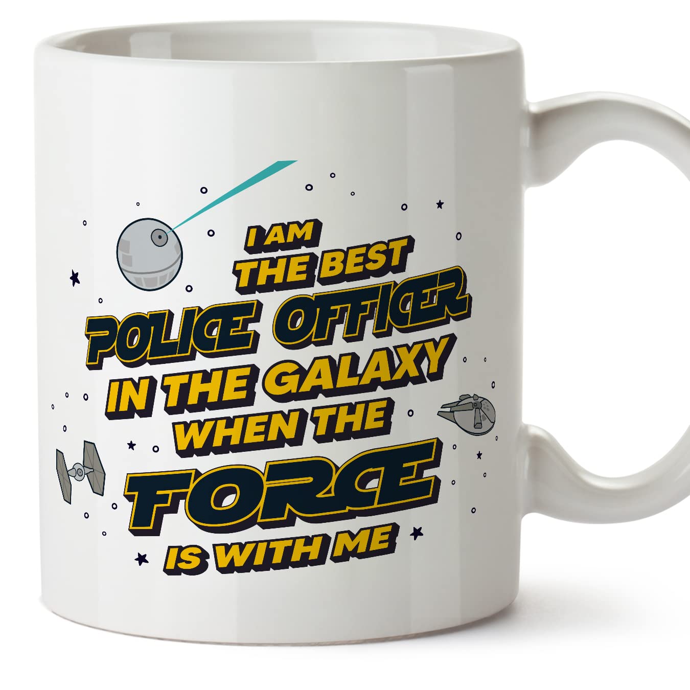 MUGFFINS Police Officer Mug - in English - Best in The Galaxy The Force is with Me - Funny Gift for Colleagues - Ceramic 11oz Mug