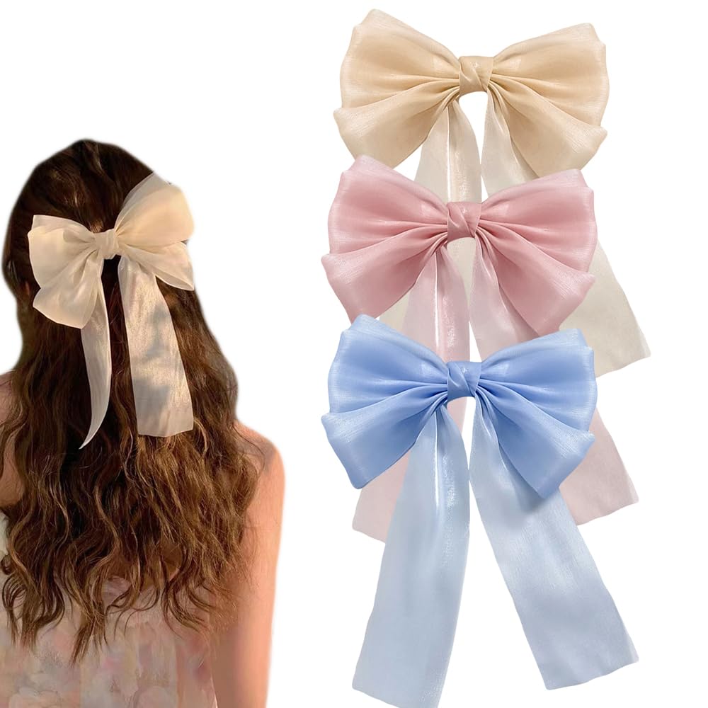 large hair bow clips for women girls, big floral alligator hair ribbon clip long black ribbon bows large bowknot hair pin (beige,blue,pink lace)