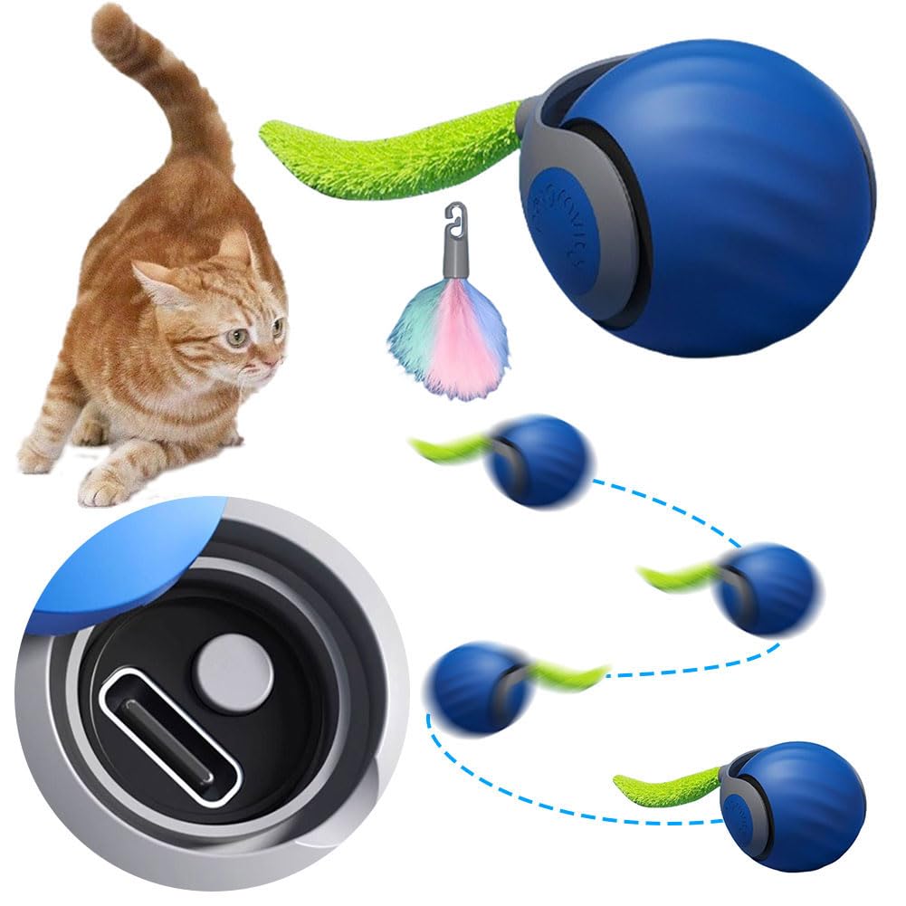 HIAME Cat Toys, 2025 New Smart Ball Cat Toy, USB Rechargeable Interactive Cat Toy Ball with Replacement Tail, Two Speed Adjustment,Smart Automatic Interactive Cat Toy Ball indoor. (Blue)