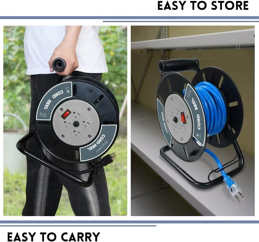 Extension Cord Reel with 4 Grounded Outlets, Heavy Duty Open Reel for 12/3 14/3 16/3 Power Cords, Portable Hand Crank Electric Roller Holder, Grey