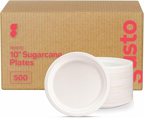Miniatura 5 de GUSTO Caja de 500 platos desechables de 5 compartimentos 100% compostables, platos de papel de 10 pulgadas, bandejas ecológicas de caña de azúcar