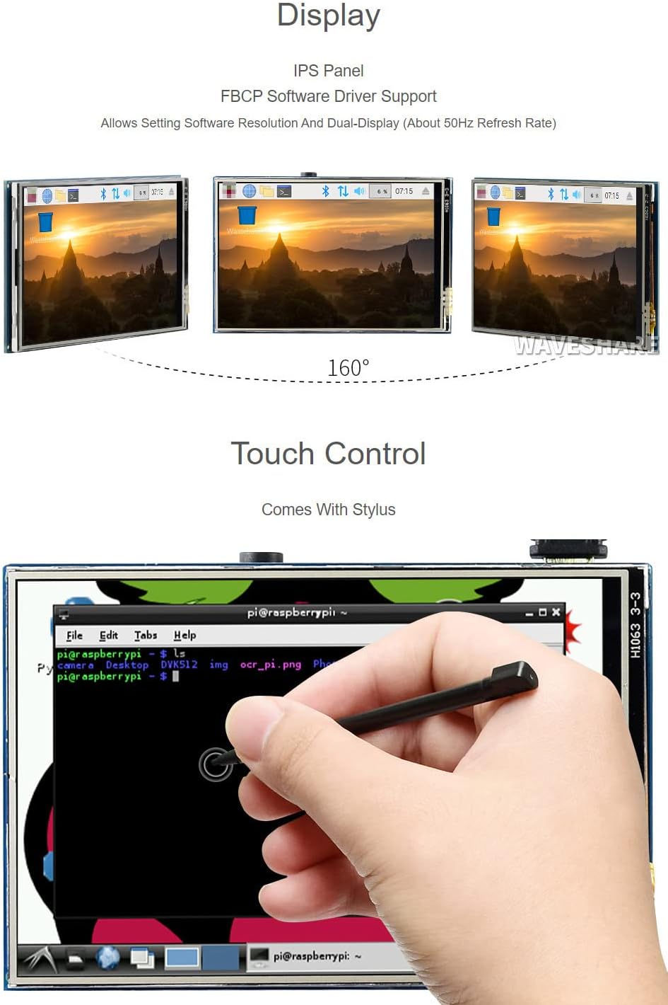 Images demonstrating the 160-degree viewing angle of the IPS panel and a hand using the stylus for touch control on the display.