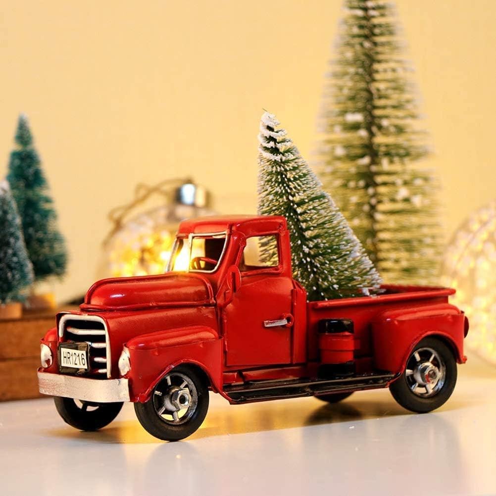 Christmas Vintage Red Truck, Die Cast Metal Mini Christmas Tree Decoration with Movable Wheels, for Home Decor Gifts Vehicle Lovers (Red)