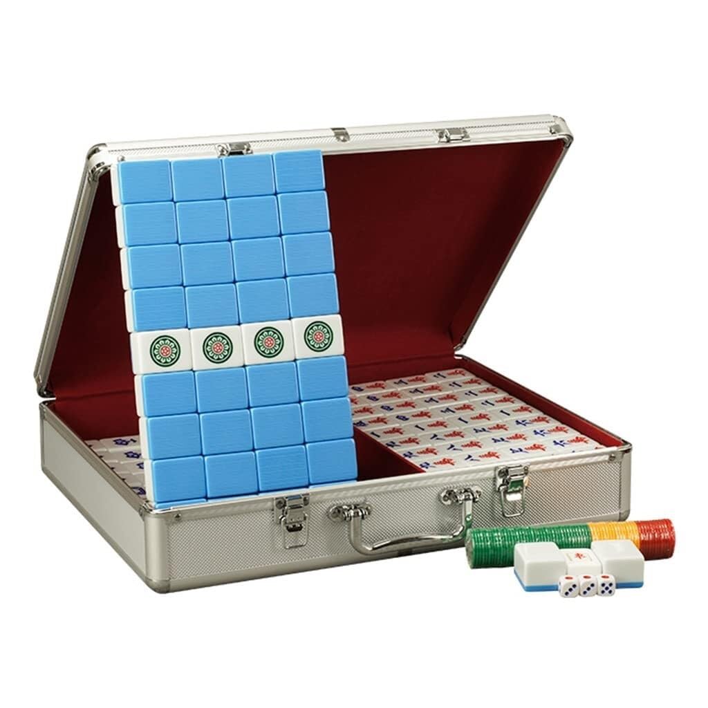 Mahjong Mah-Jong traditionnel chinois - Cadeau de divertissement - 144 carreaux en mélamine avec 2 carreaux de rechange, 3 dés, tapis, 1 girouette, jetons, jeu - Beau cadeau pour collection