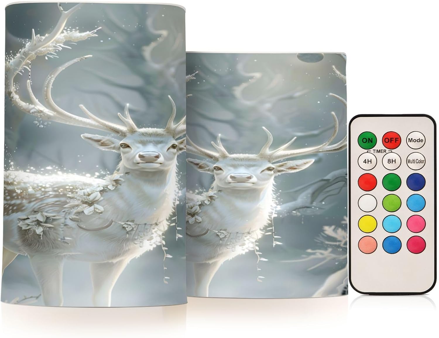 ALAZA White Reindeer Flameless Candles, LED Pillar Candles with Remote Timer, Battery Operated Candles Set of 2