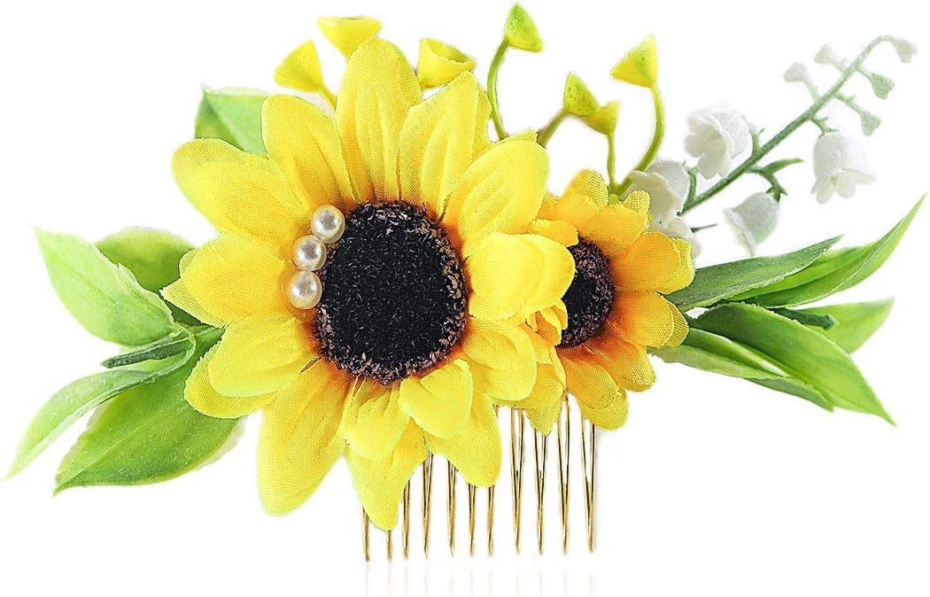 Fangsen Gold Wedding Sunflower Hair Comb Bride Hair Accessories Yellow Flower Pearl Bridal Headpiece Decorative for Women and Girls