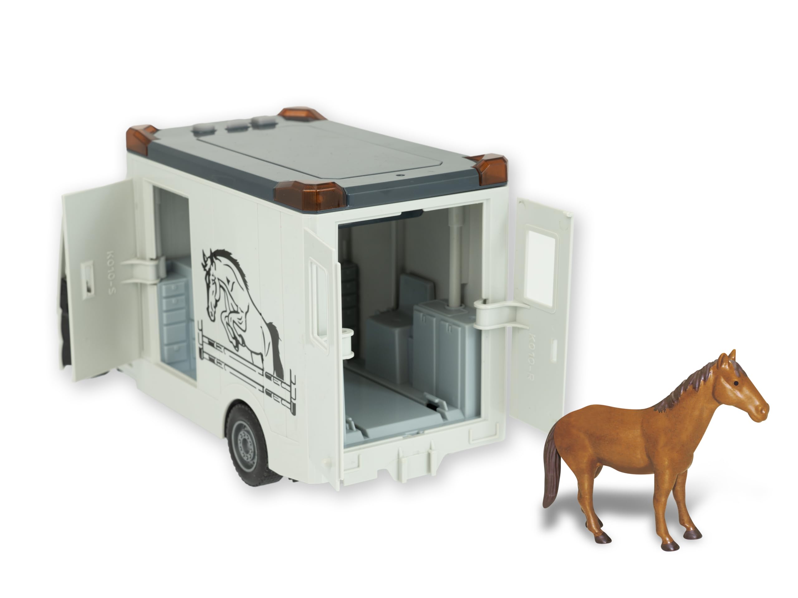Teorema Giocattoli, Camion per Trasporto Animali con Cavallo Giocattolo Incluso, Camion Giocattolo per Bambini, Furgone con Luci e Suoni Reali, Movimento a Frizione e Porte Apribili, Scala 1:12