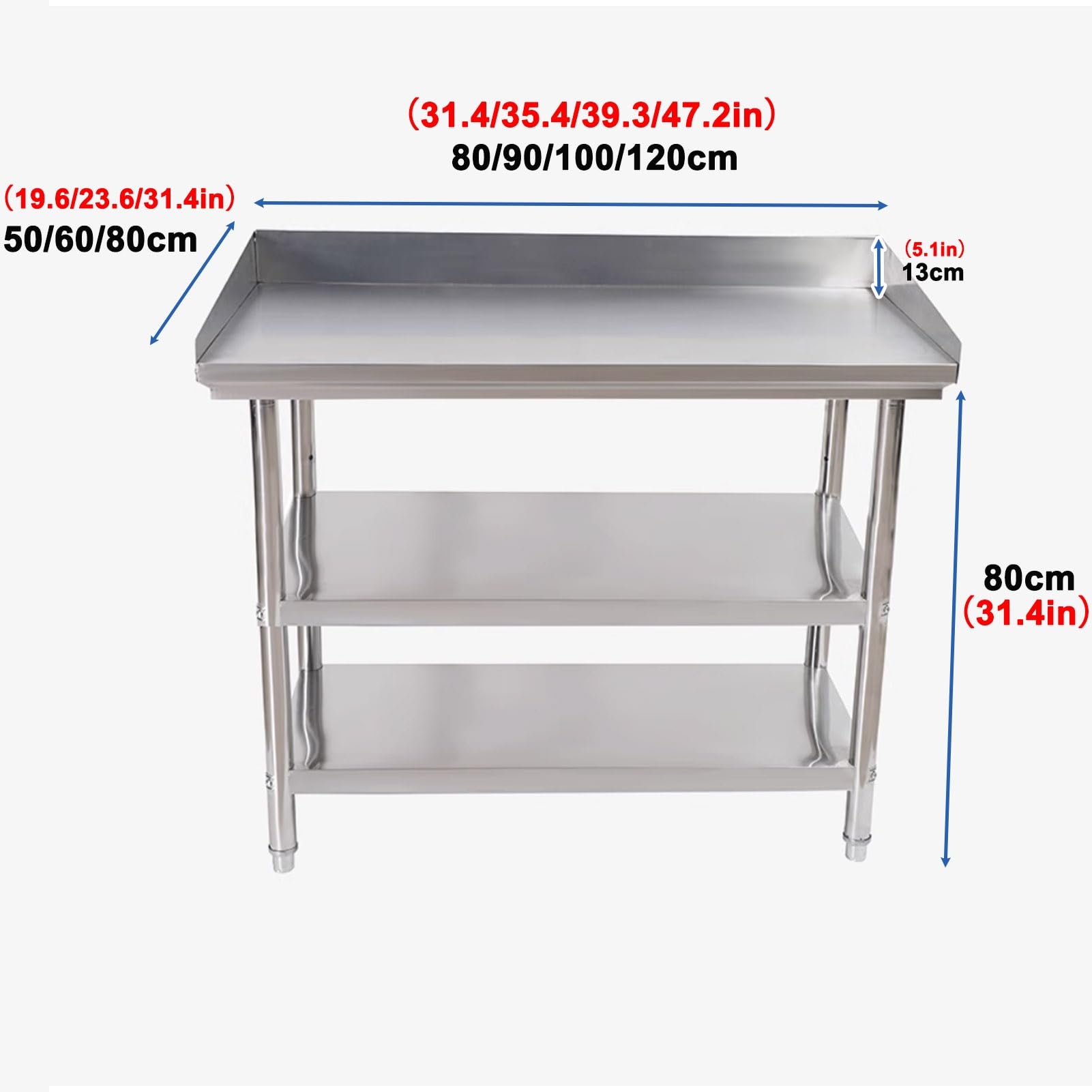 Mesa de trabajo de acero inoxidable, mesa de preparación de cocina comercial con protector contra salpicaduras y patas ajustables, ideal para restaurantes, hogares y hoteles, 100 x 50 cm