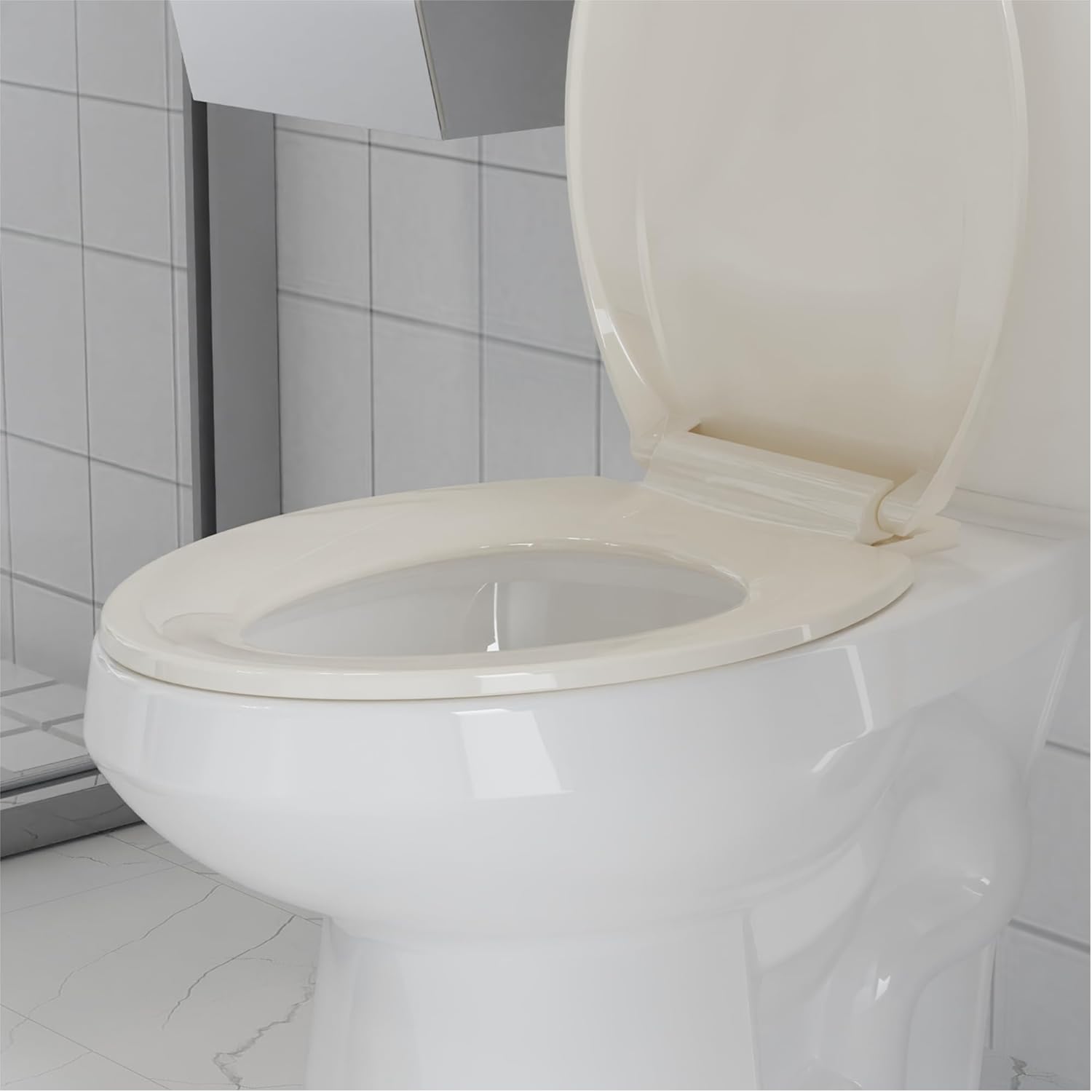 19" Elongated Almond Toilet Seat Cover, Slow Close Polypropylene Design with Never Loosen Lid, Quiet and Easy to Install & Clean
