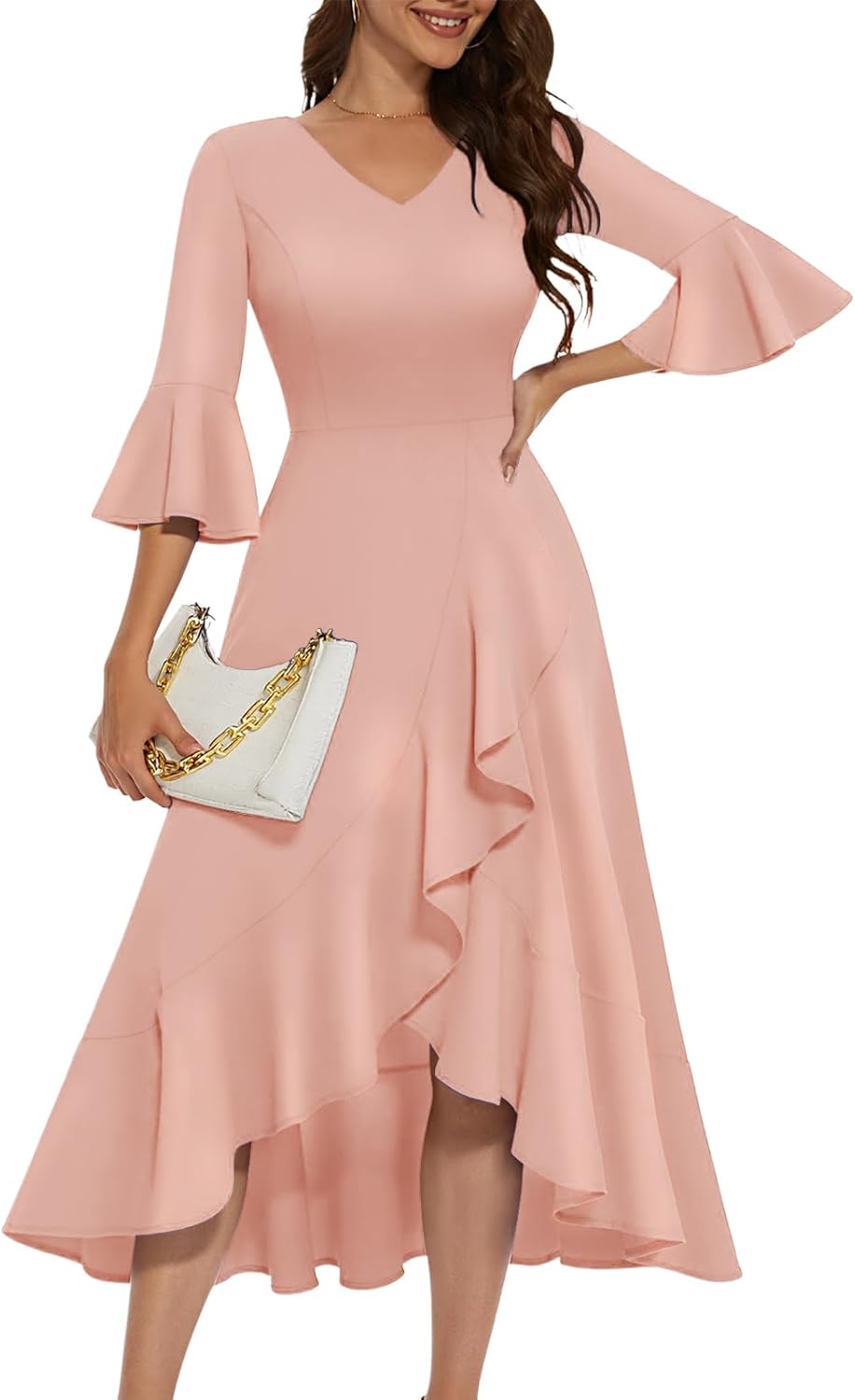 HomRain Women's Wedding Guest Dress Elegant Formal Cocktail Bell Sleeve Dress for Prom Homecoming Tea Party