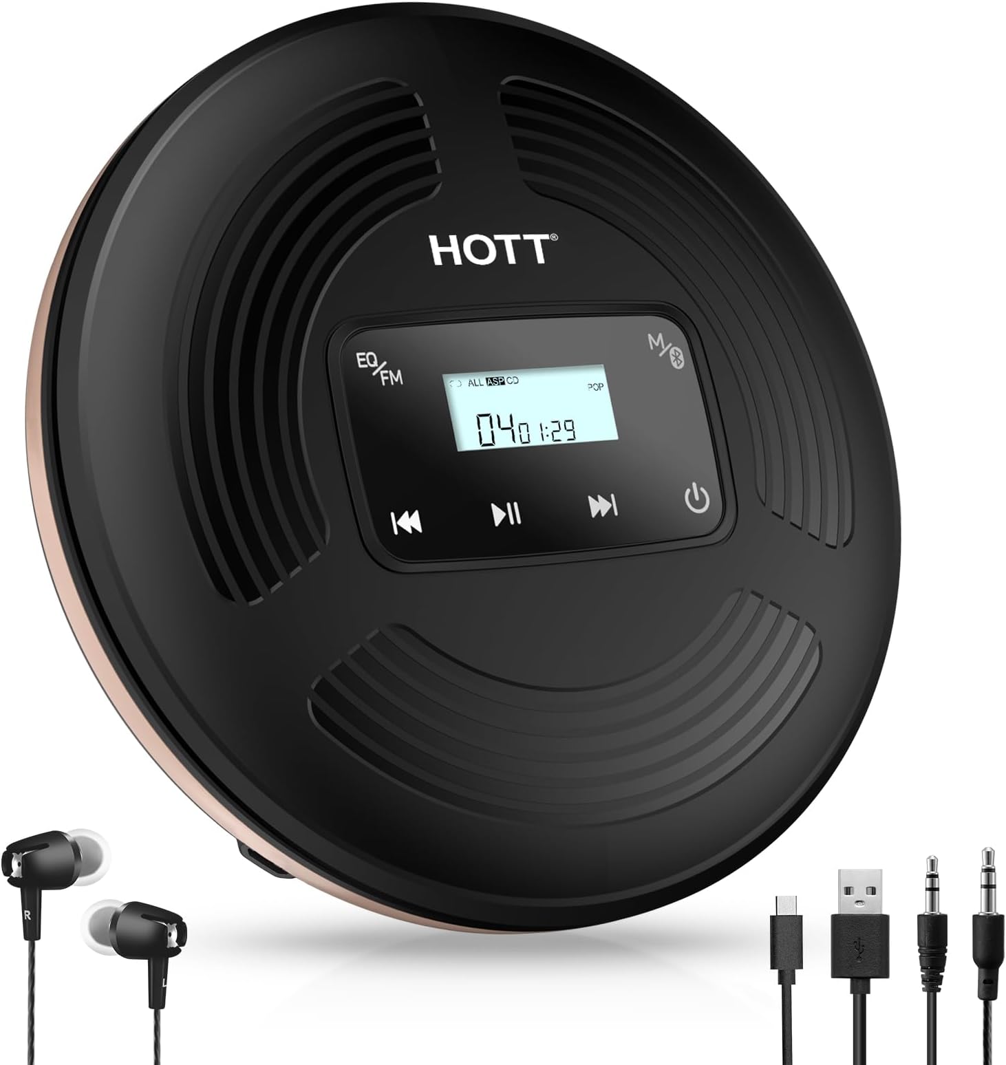 HOTT CD903TF Portable CD Player for Car with Bluetooth FM Transmitter，Rechargeable Touch Button Backlight Display Black